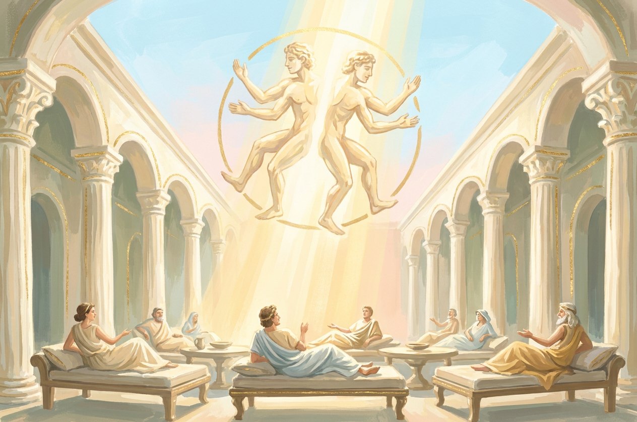 Banquet guests recline in a candle-lit hall with columns, while above them a round golden double figure of the primordial human is split by a beam of light.