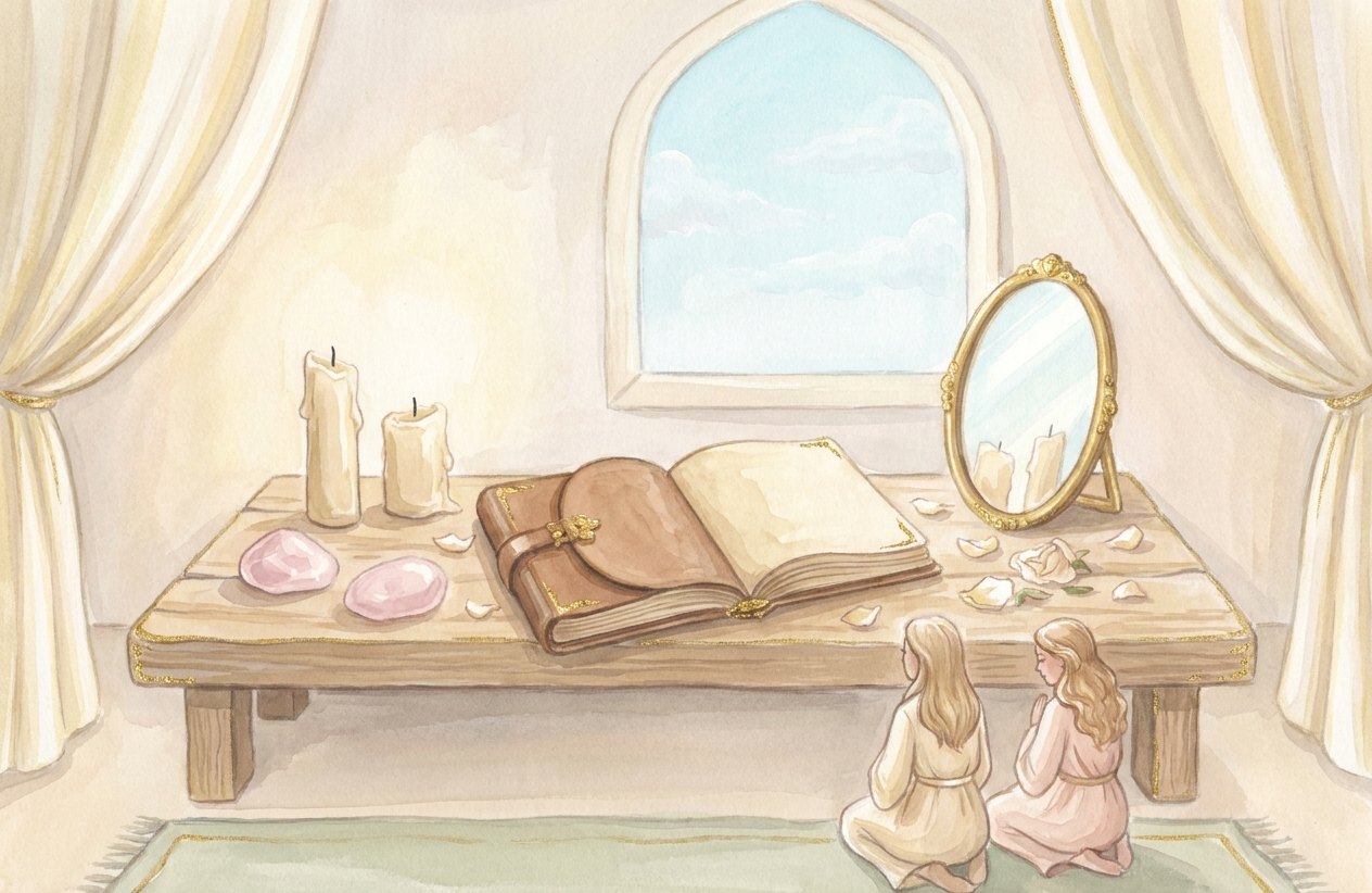Two white candles burn side by side on a wooden table next to two rose quartz stones, an open journal, rose petals and a mirror reflecting both flames; two silhouettes sit by the table and a crescent moon shows in the window.