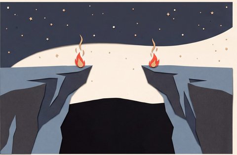 Two rocks under a night sky and two small flames divided by a deep, dark chasm