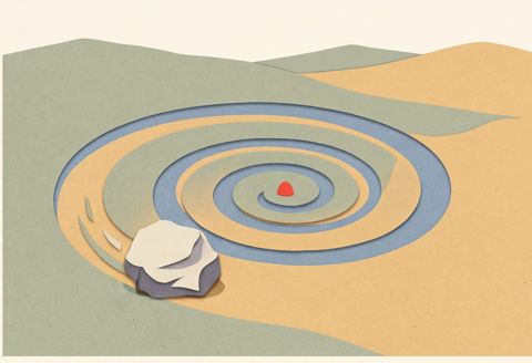 A stone rolls along a spiral groove and returns to the centre