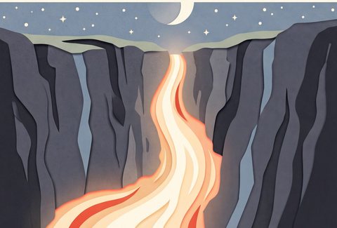 A river of light flows through a dark canyon beneath a crescent moon and stars