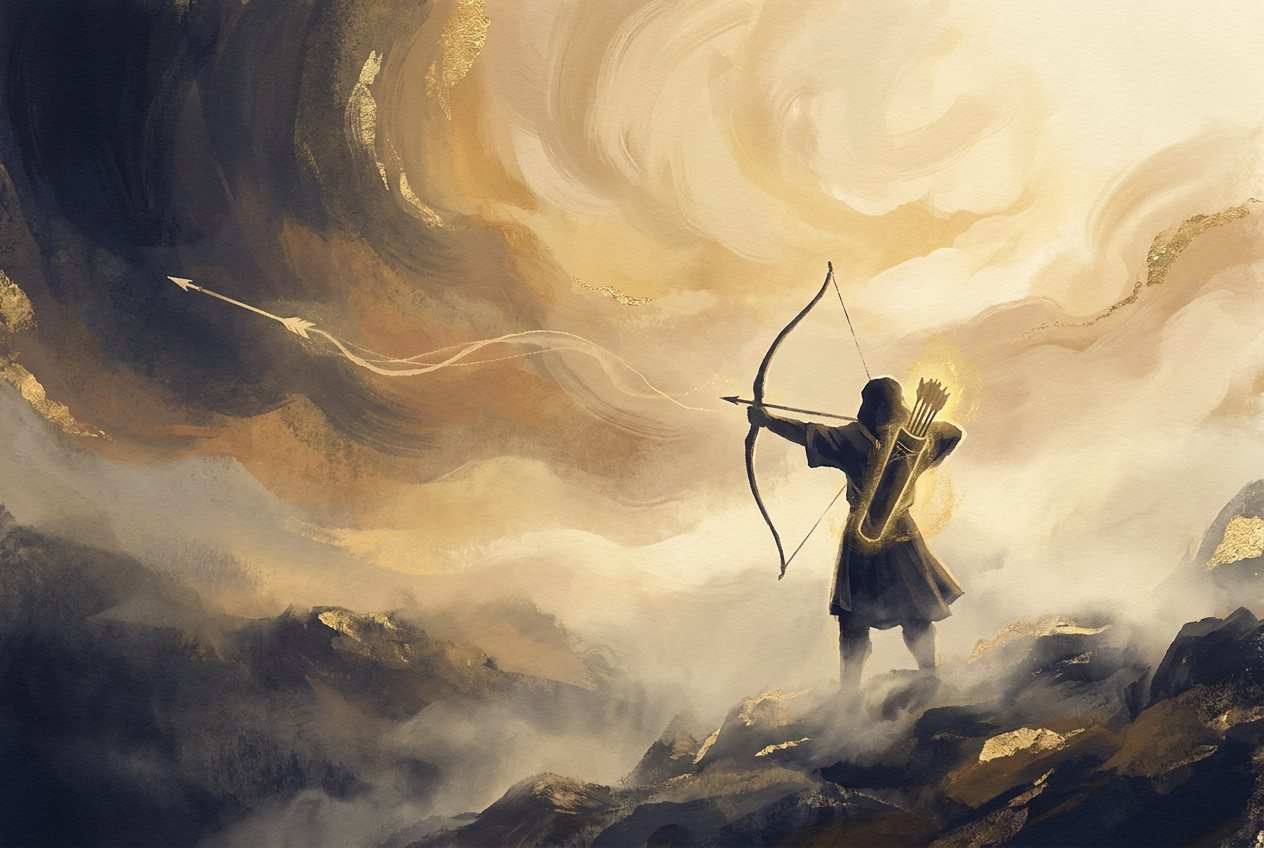An archer on a hilltop draws a bow; one arrow is already flying into a golden sky and the quiver is full of arrows.