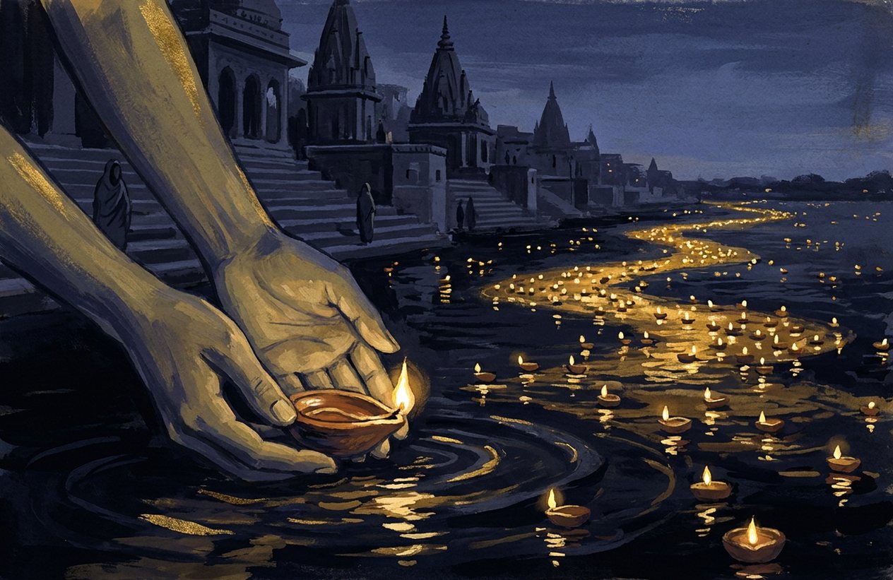 Hands release a lit clay lamp onto a night river full of floating lights beside the steps of Indian temples.