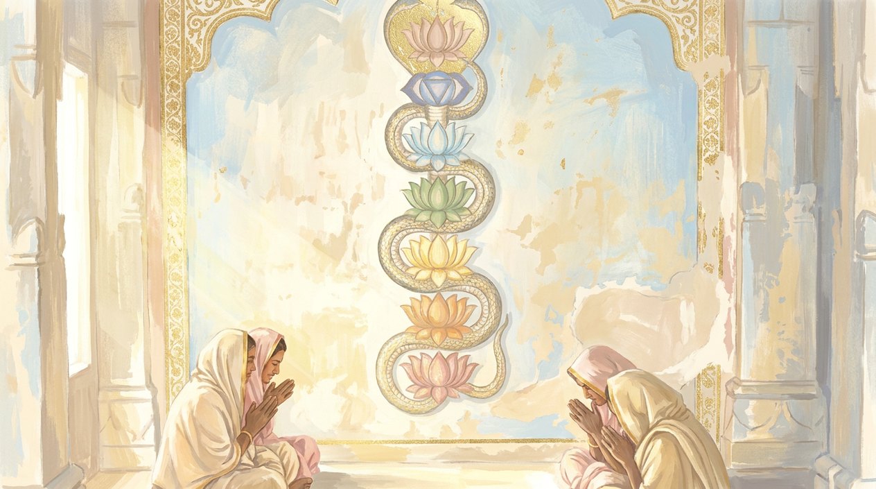 An old temple wall painting: a golden serpent winds upward through seven lotuses of different colours, from red at the bottom to violet at the top, while two women pray below beside oil lamps.
