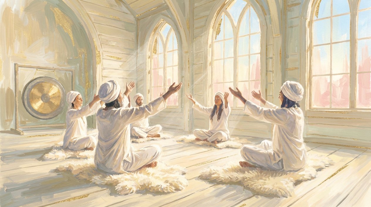 Practitioners in white clothes and white head wraps sit on sheepskins in a bright wooden hall with arms raised, a brass gong standing in the corner.