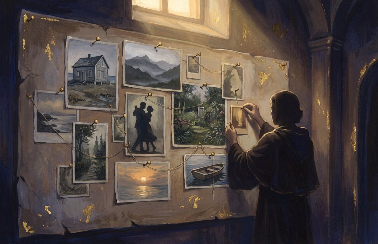 Photographs pinned to a wall: a house by the sea, mountains, a dancing couple, a garden, a sunset and a boat, a hand pinning one more.