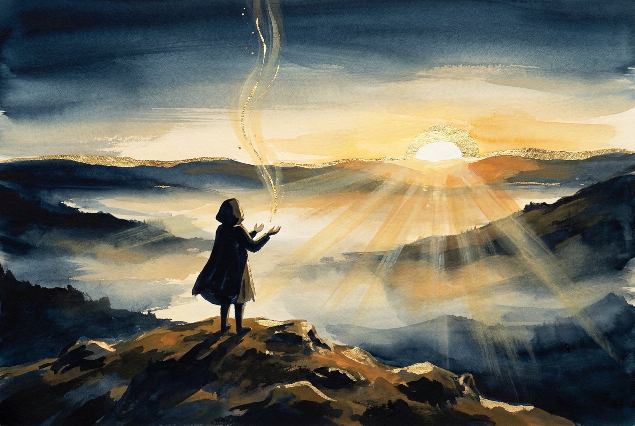 A person on a hilltop at sunrise stands with palms raised, a thread of light rising from their hands into the sky.