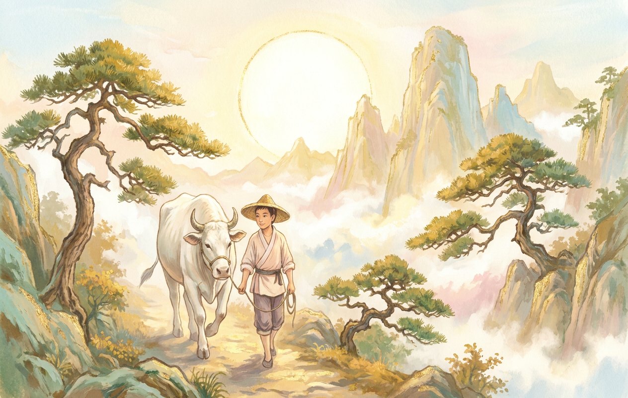 A young herdsman in a straw hat leads a white ox along a mountain path between pines and mist, with a large golden moon rising behind the cliffs.