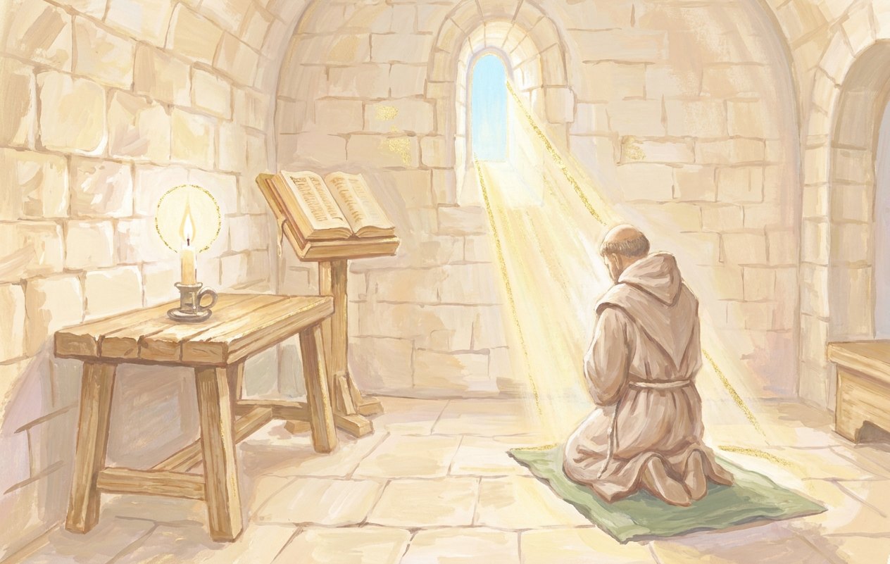 A kneeling monk in a brown habit in a stone cell, lit by a bright beam of golden light through a narrow window, beside a burning candle and an open book.