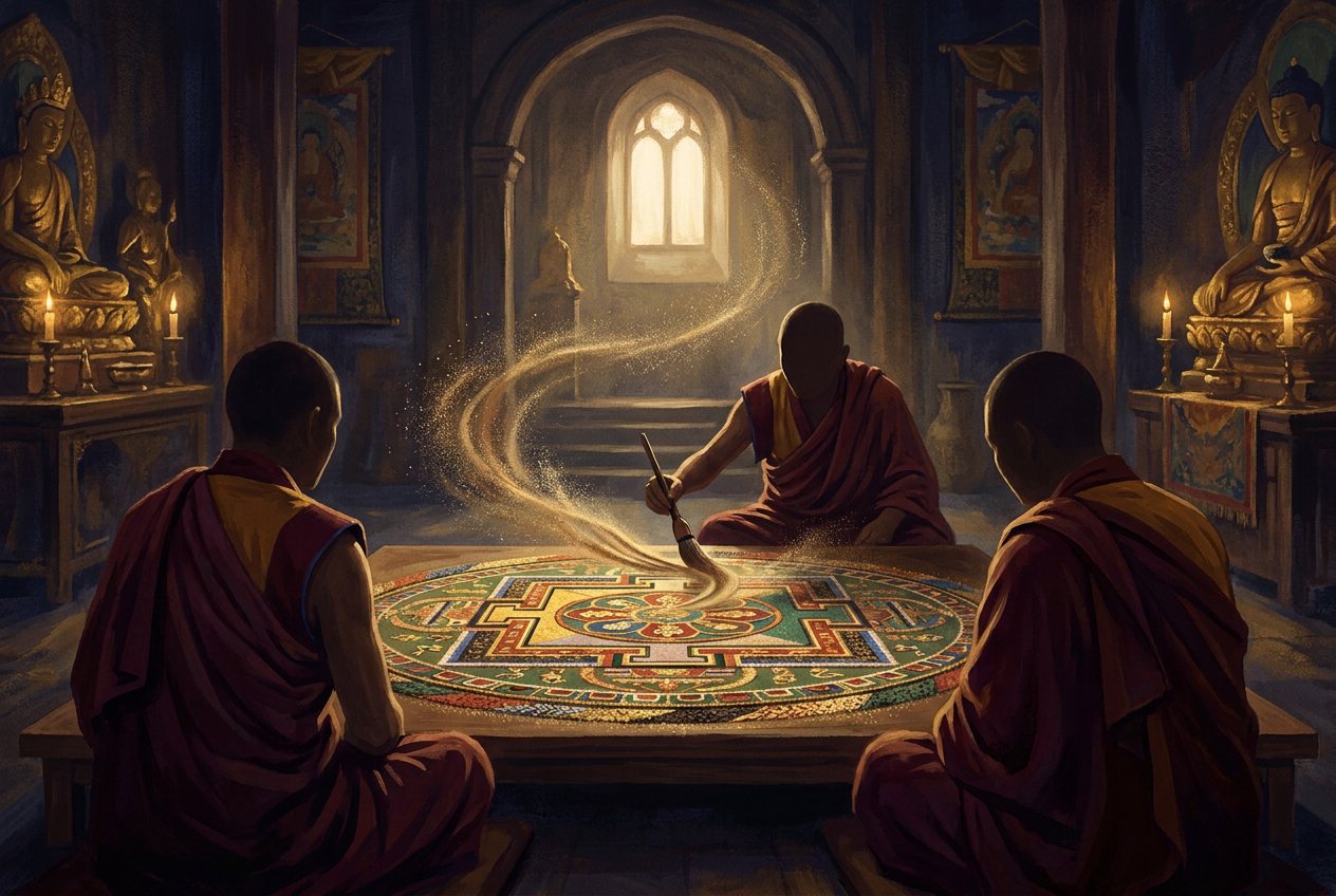 Three monks in maroon robes around a colourful sand mandala, one of them sweeping it with a brush.