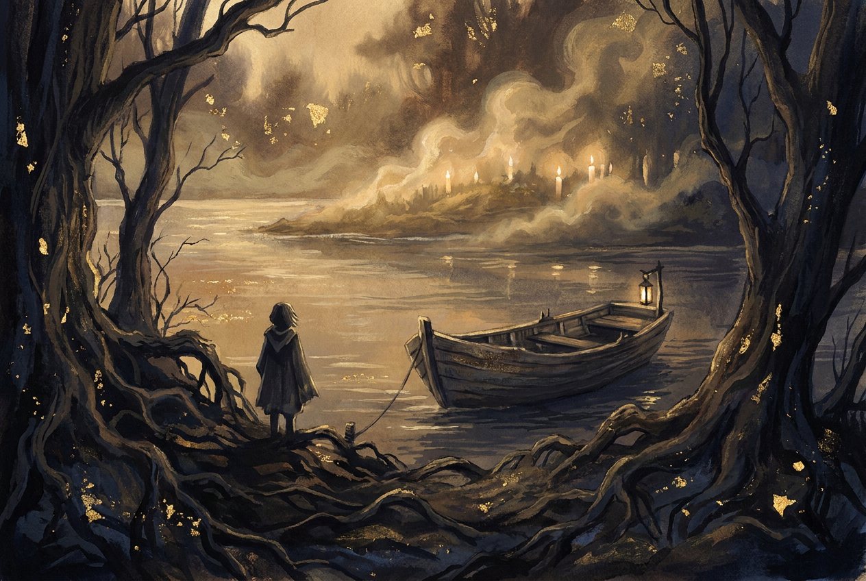A pilgrim stands at dusk by a wide river where a ferry waits to carry them to a distant glowing shore.