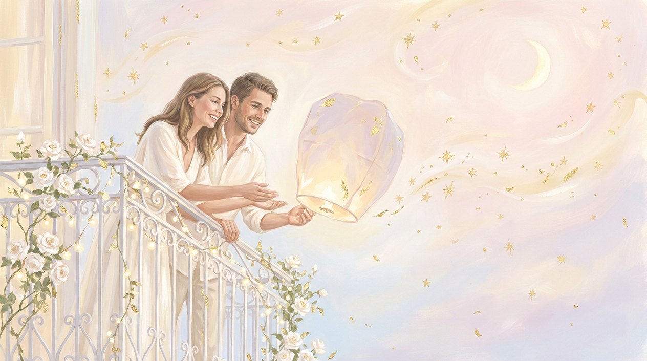 A smiling couple on a white balcony with roses release a glowing paper wish lantern into a pearly sky with a crescent moon and golden stars.