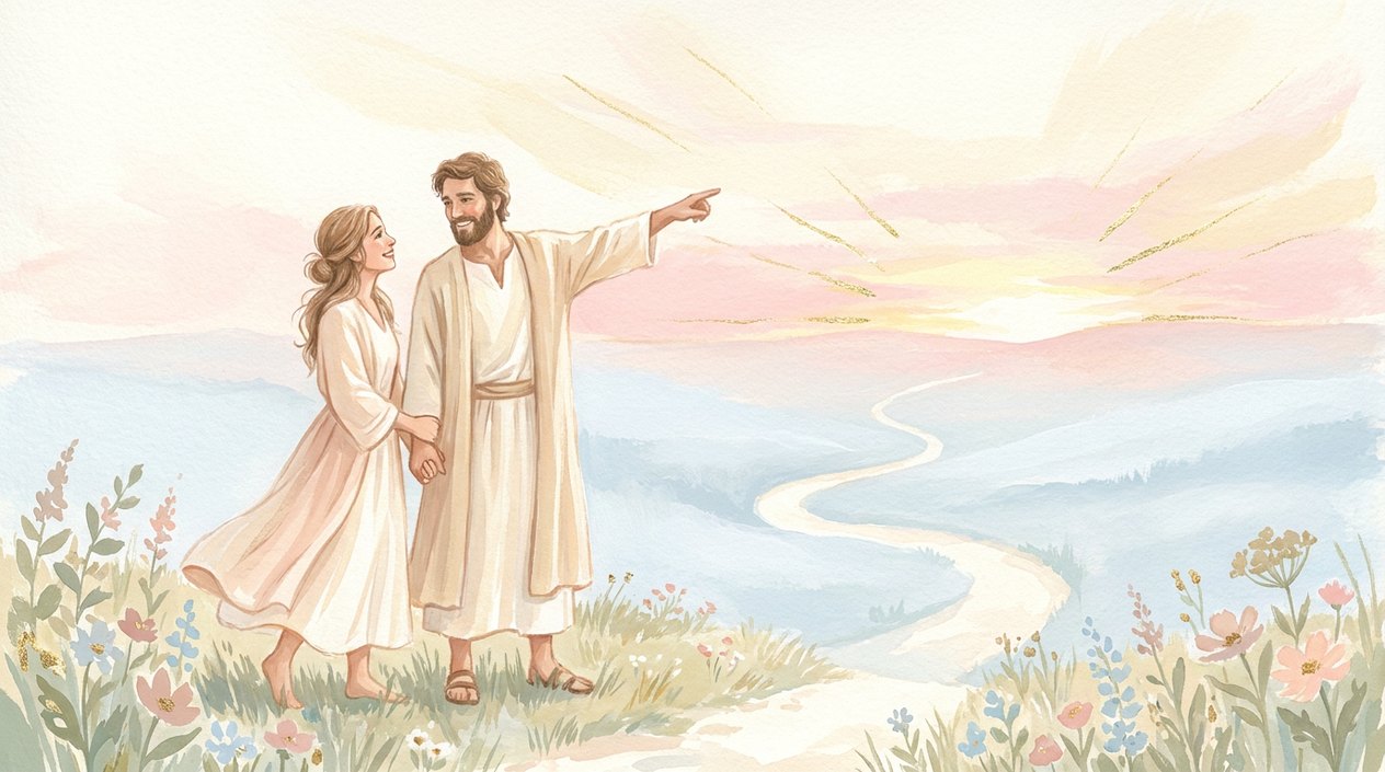 A young couple stands on a grassy hilltop in the first light of sunrise: the man points towards a pink and gold horizon, the woman holds his hand and smiles, and a winding path begins at their feet.