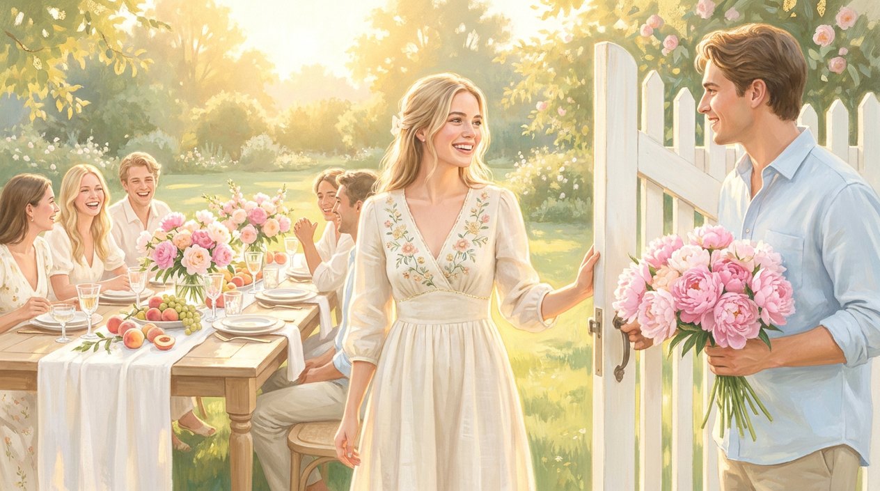 A woman opens a white garden gate to a young man carrying a bouquet of peonies, with friends at a festive table in the sunlit garden behind her.