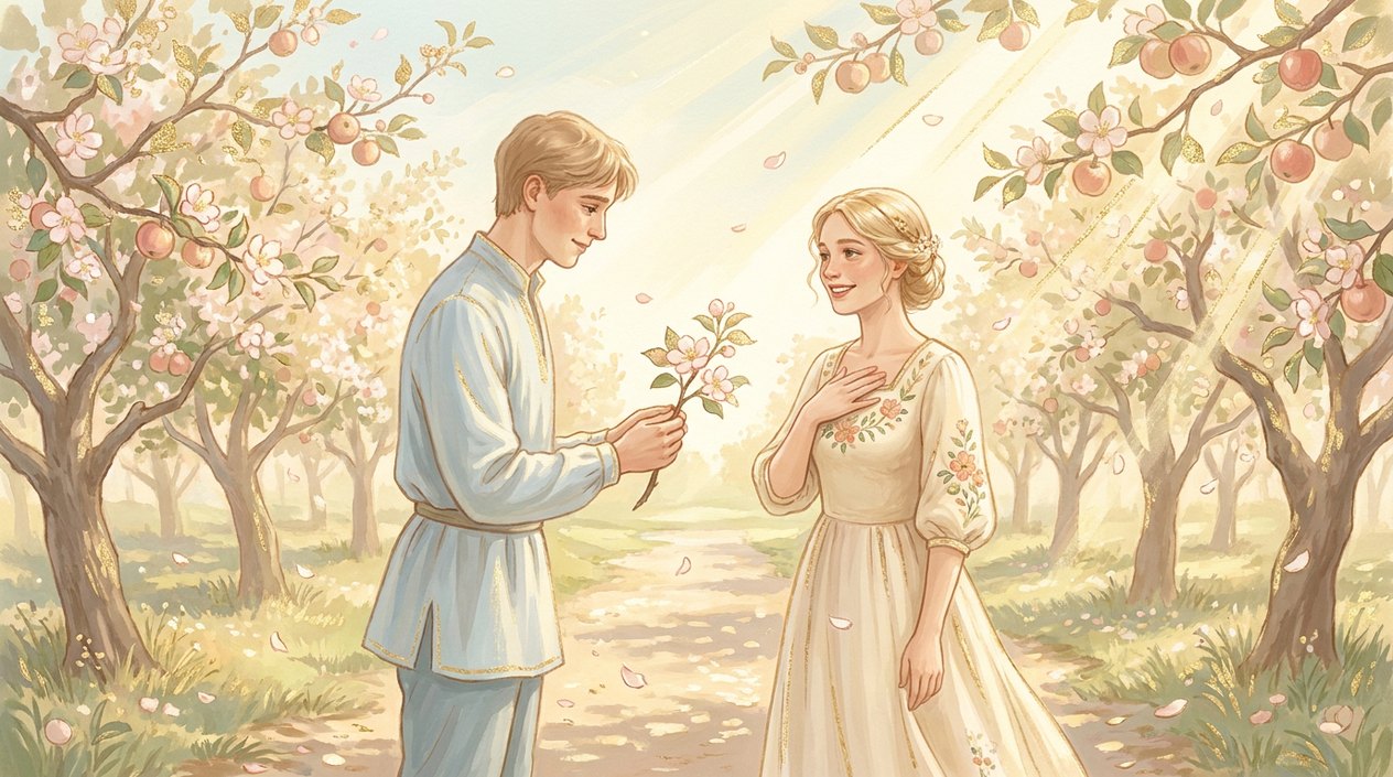 A young man in a blossoming apple orchard on a bright spring morning offers a flowering branch to a young woman, who smiles with her hand on her heart.
