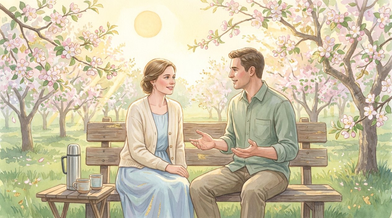 A young couple sits on a wooden bench in a blossoming orchard on a bright morning: the man explains something with open hands while the woman, turned towards him, listens with a gentle smile.