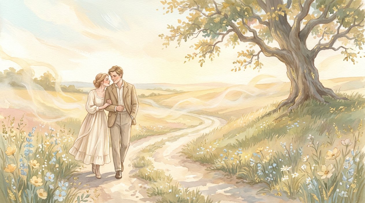 A young couple walking slowly along a country lane in the early morning, the woman holding the man's arm and leaning close to say something quietly, morning mist rising over pale meadows.