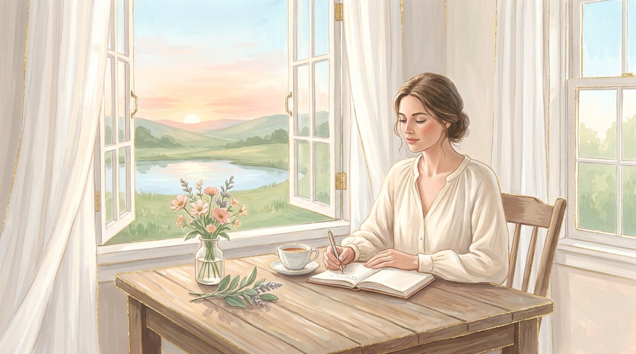 A woman in a bright morning room sits at a wooden table writing in a notebook, a cup of tea and a vase of wildflowers beside her, with hills and a pond reflecting the sky outside the open window.