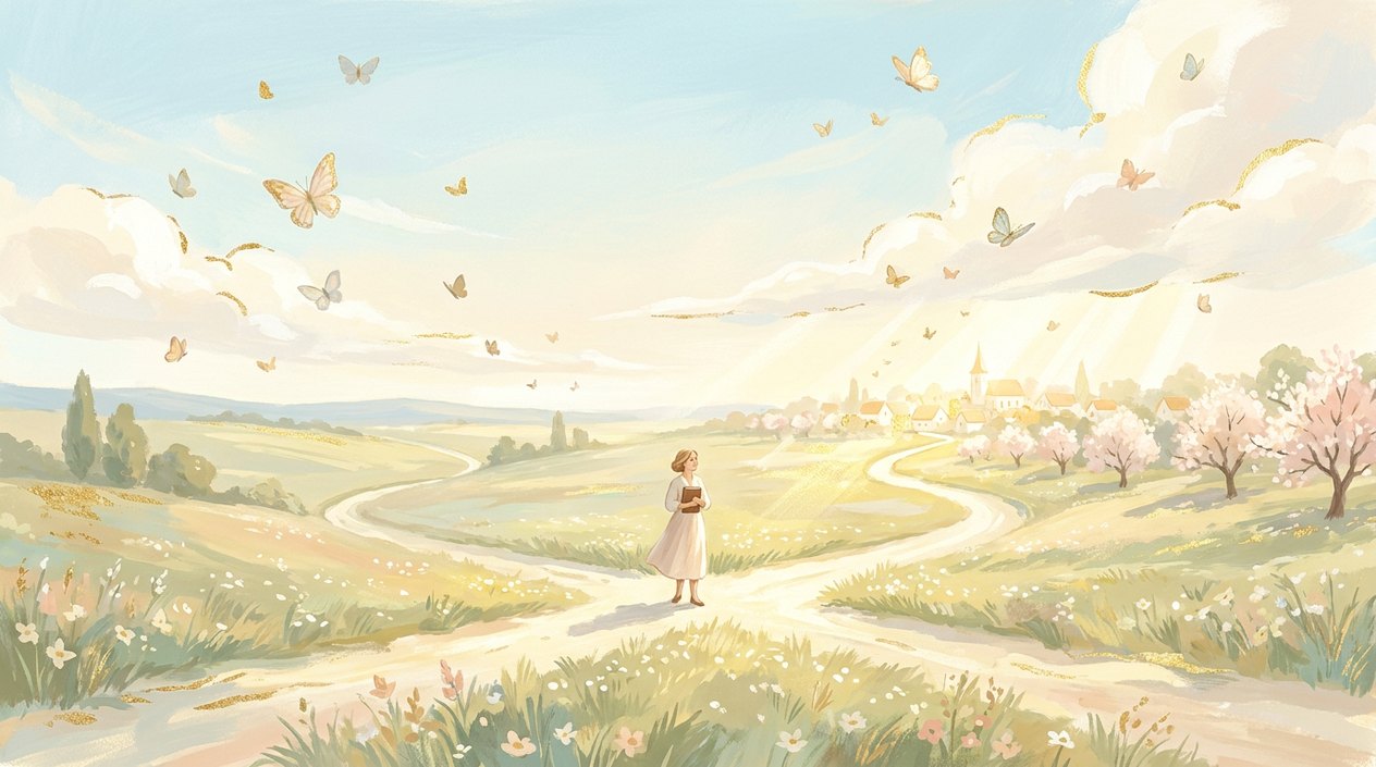 A woman with a small leather notebook stands at a sunny crossroads of meadow paths, one path leading towards a bright village and blossoming orchards.