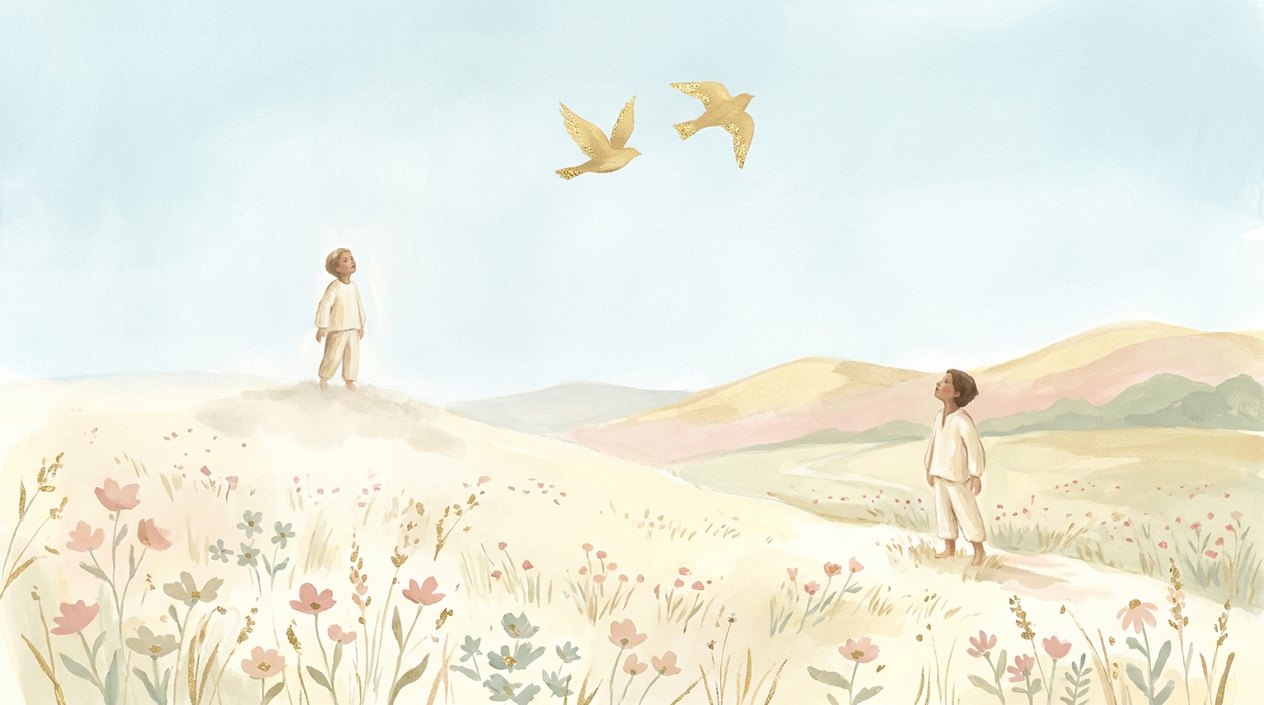 Two people far apart in a sunny meadow stop at the same moment and look up at two identical golden birds flying side by side in a pale blue sky.