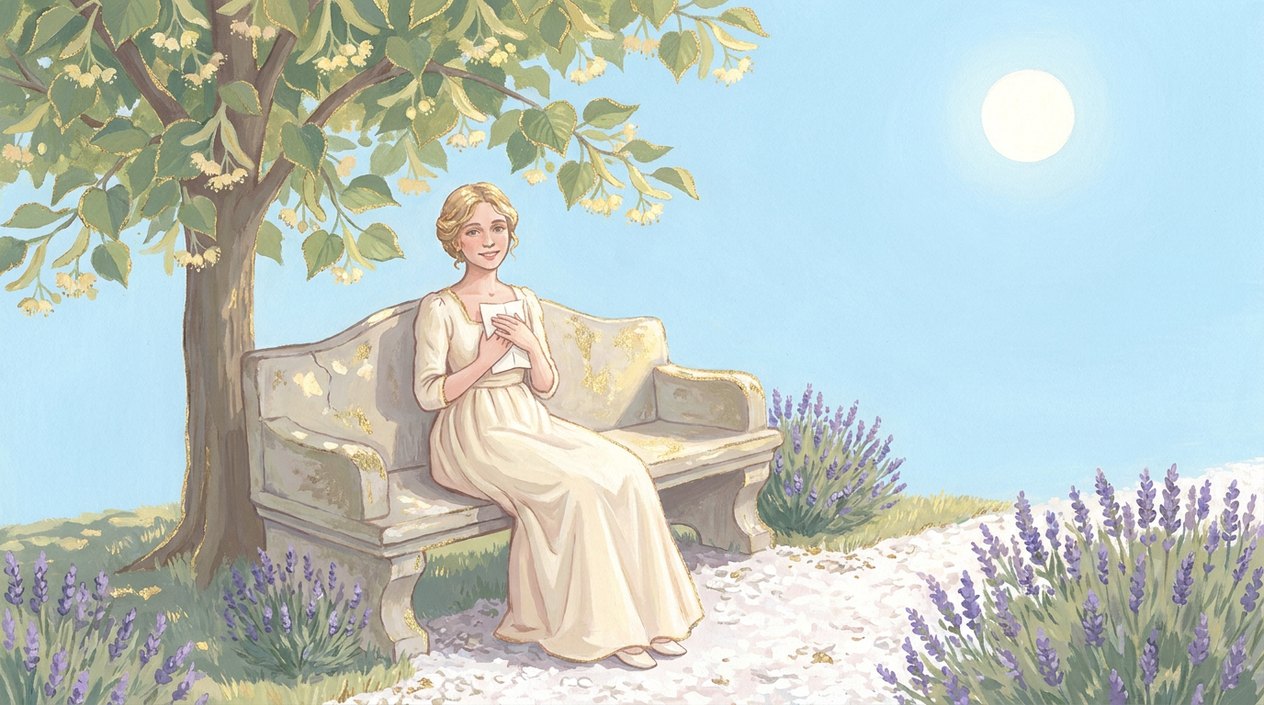 A young woman sits on a stone bench in a sunny garden under a flowering linden tree, smiling and holding a letter to her heart.