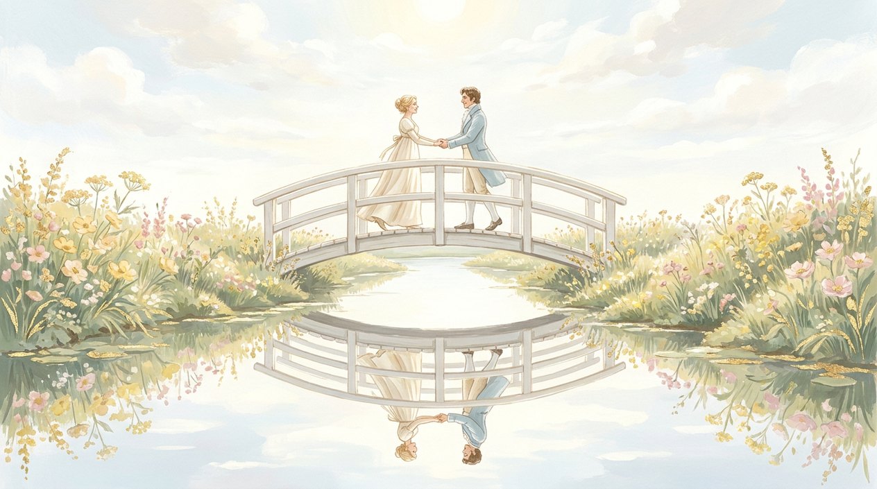 A couple meets on a small white footbridge over a calm stream in midday light, their reflections visible in the water.
