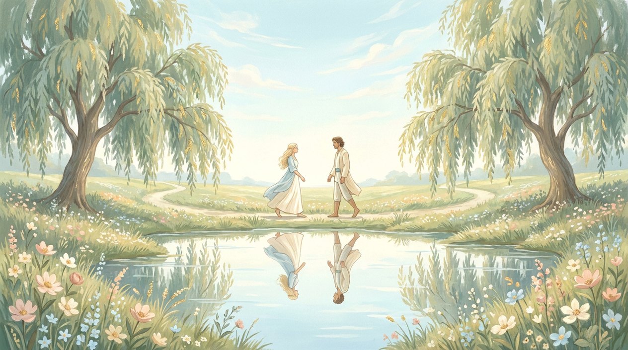 Two people walk towards each other at midday along a meadow path beside a perfectly still pond, their reflections in the water repeating their figures exactly.