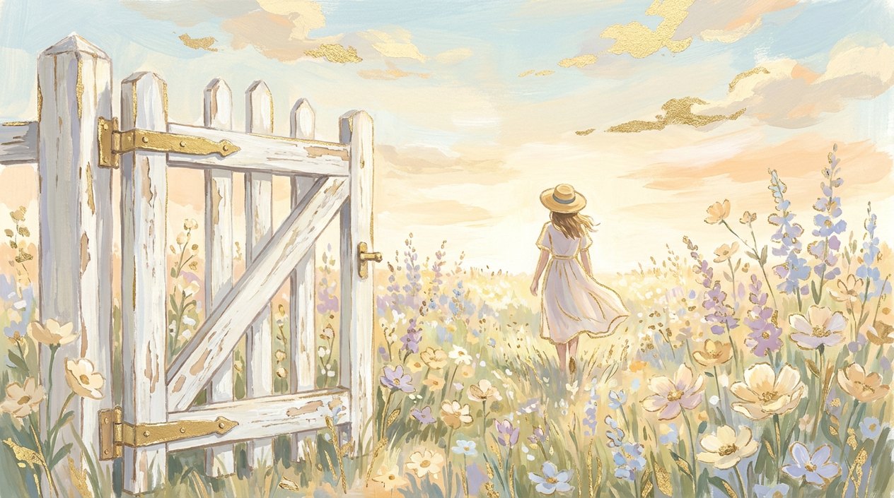 An open white garden gate onto a sunny meadow of flowers, a woman walking through it into the light.