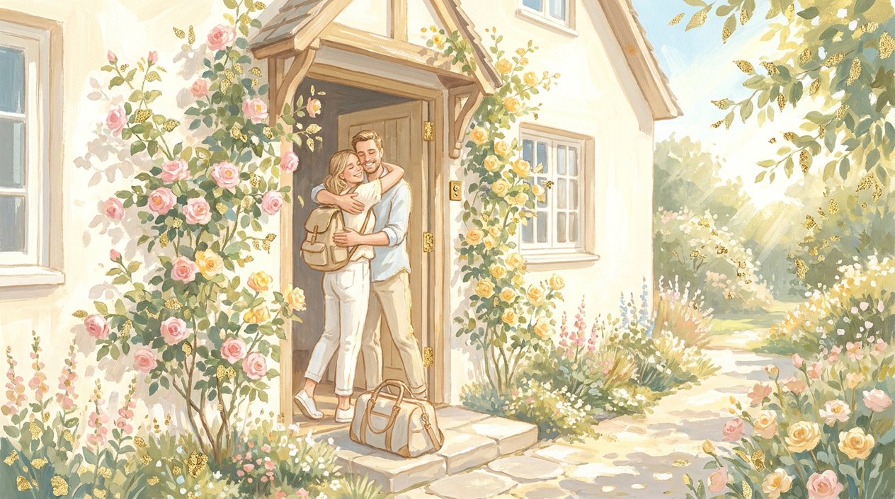 A couple embracing at the open door of a cream-coloured cottage on a bright afternoon, a travel bag set down on the step and climbing roses in bloom around the doorway.