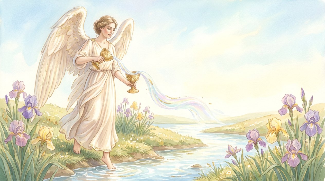 A winged woman in a pale robe pours a stream of light between two golden cups, one foot on the bank and one in a stream, with irises blooming around her.