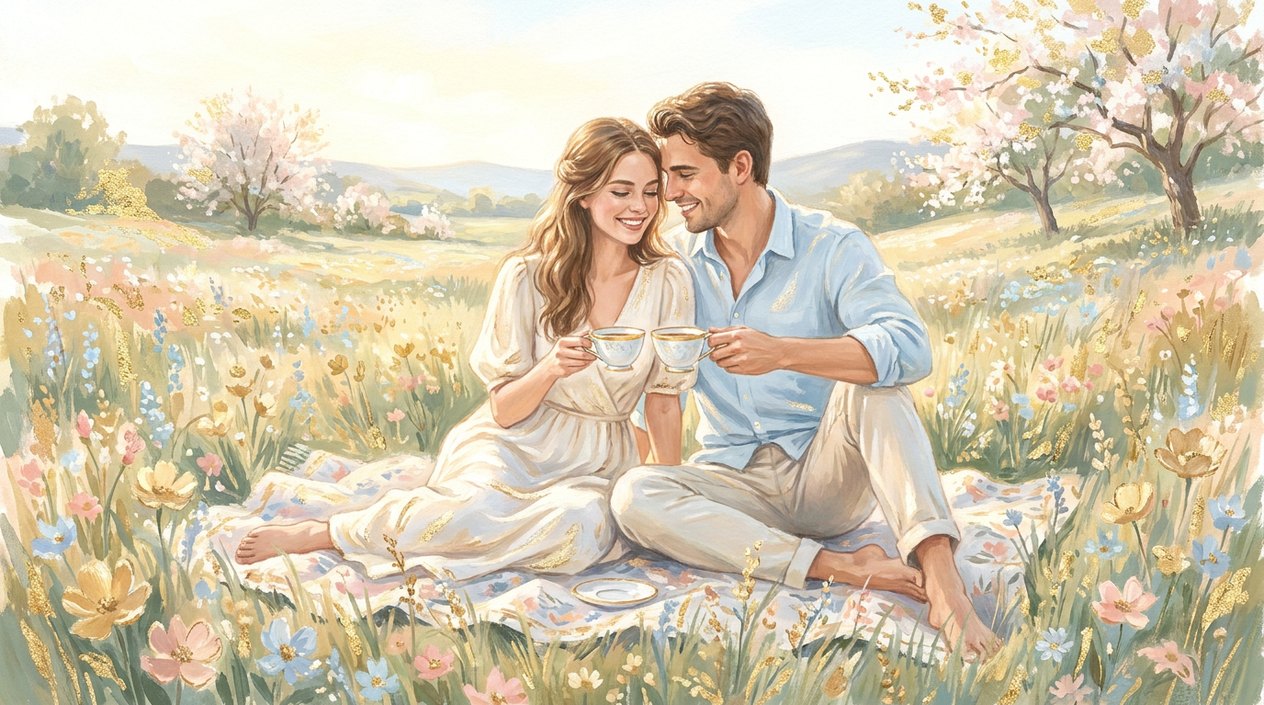 A young couple sit on a blanket in a blossoming spring meadow, drinking tea from porcelain cups on a bright afternoon.