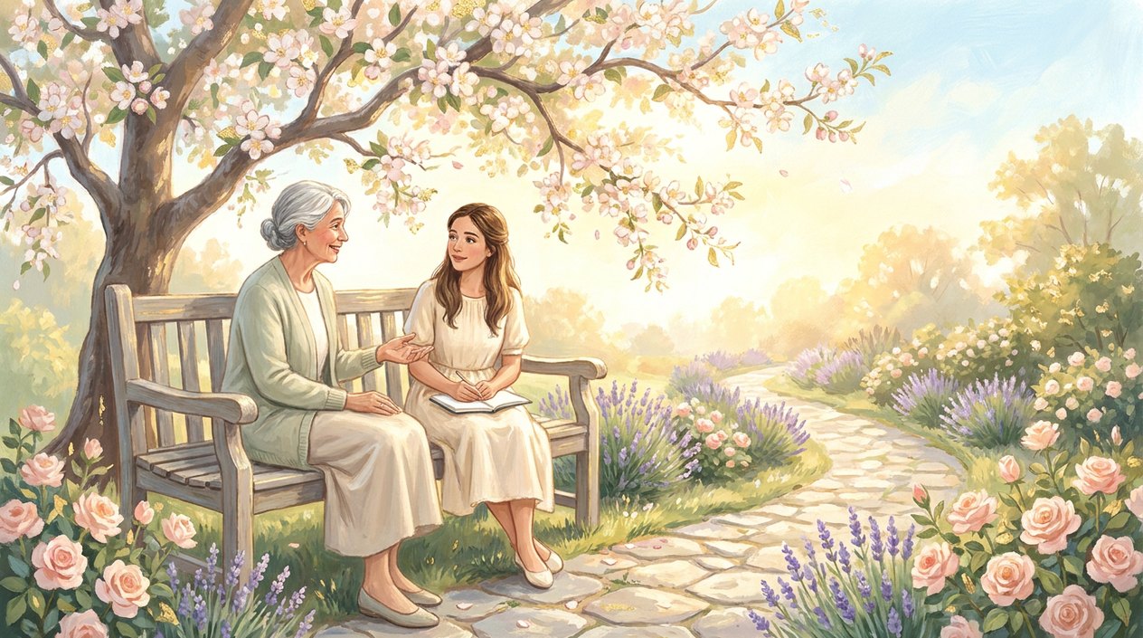 A grey-haired woman and a young woman sit on a bench under a blossoming apple tree in a sunny garden; the elder is speaking and the younger listens with a notebook on her knees.