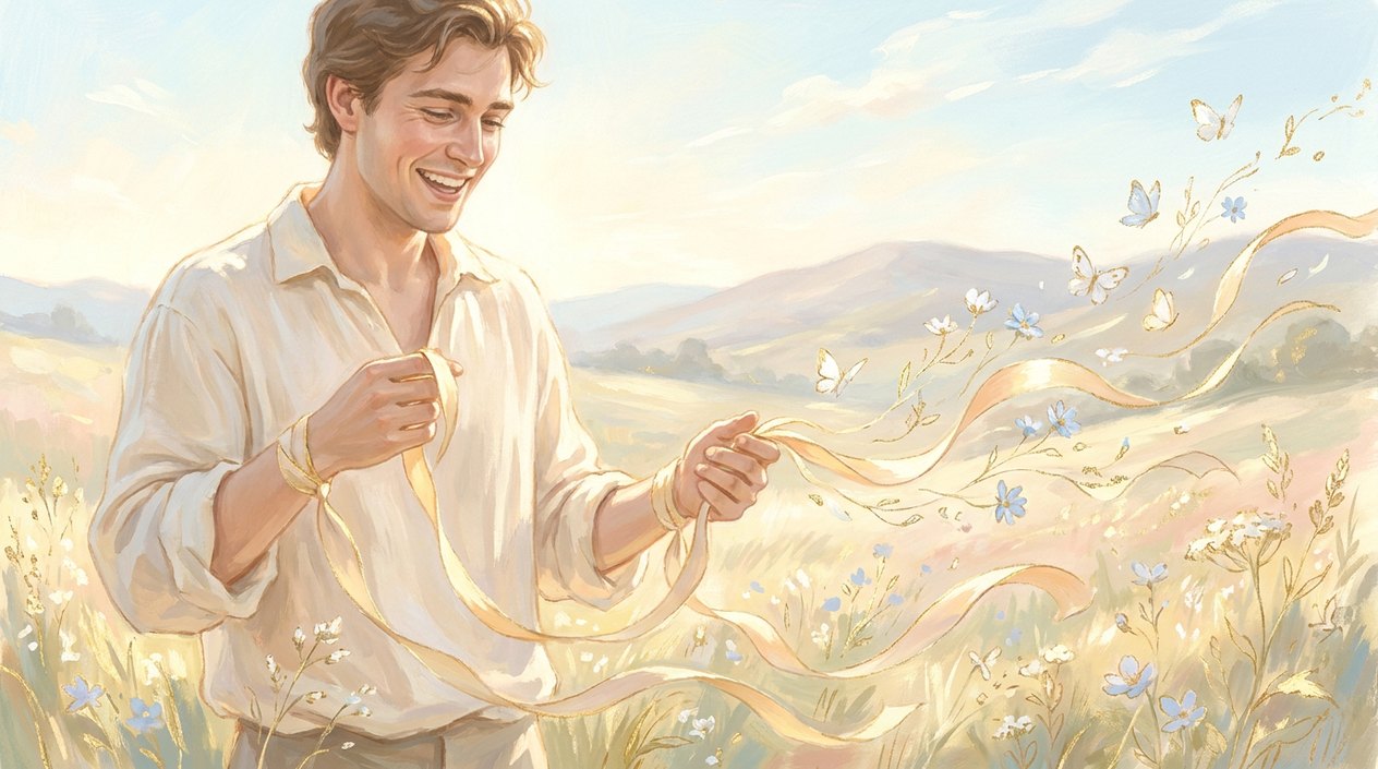 A smiling young man in a light shirt stands in a sunny meadow untying golden ribbons from his wrists, while the ribbons carried by the wind turn into white butterflies.