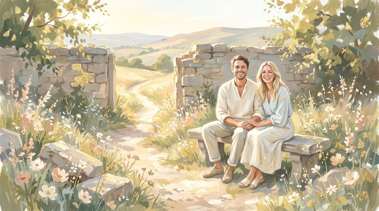 A smiling couple sits on a stone bench by an old wall, part of which has fallen into wildflowers; through the gap a path leads toward sunlit hills.