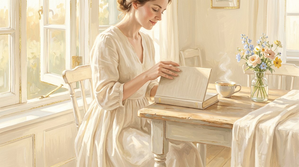 A woman in a light linen dress in a bright room by an open window closes a finished book on a wooden table, beside a steaming cup of tea and a vase of wildflowers.