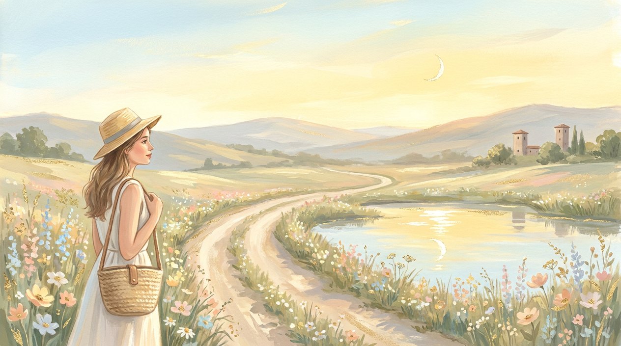 A young woman in a straw hat with a woven bag stands in a flowering meadow by a winding country road that leads past a pond towards distant hills with two towers, a thin crescent moon visible in the bright golden sky.