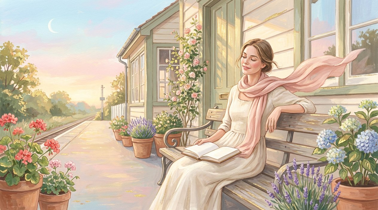 A woman in a light dress and a pink scarf sits on a wooden bench at a bright country station among flower pots, an open journal on her lap and her eyes closed, a crescent moon visible in the light evening sky.