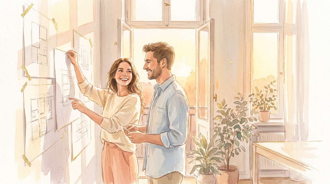 A smiling woman and man in a bright studio by open windows pin the drawings of a finished project onto the wall, with warm evening light streaming in and potted plants around them.