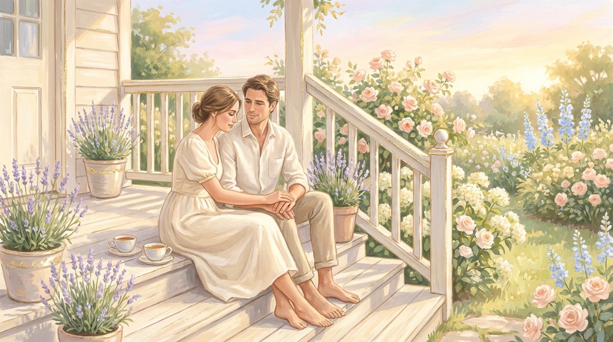 A couple sitting on the steps of a light veranda in golden evening light, the woman gently touching the man's hand, with cups of tea and lavender beside them.