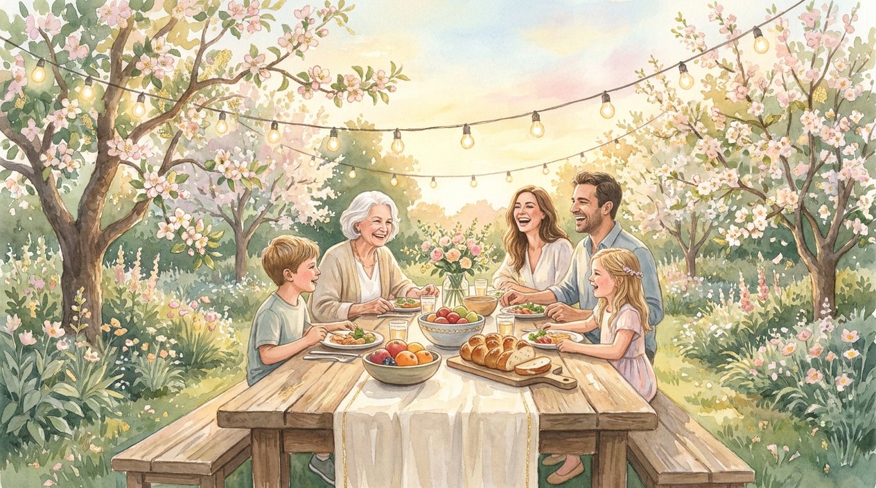 A family at a long table in a garden in warm golden evening light: parents, children and a grandmother sharing dinner.