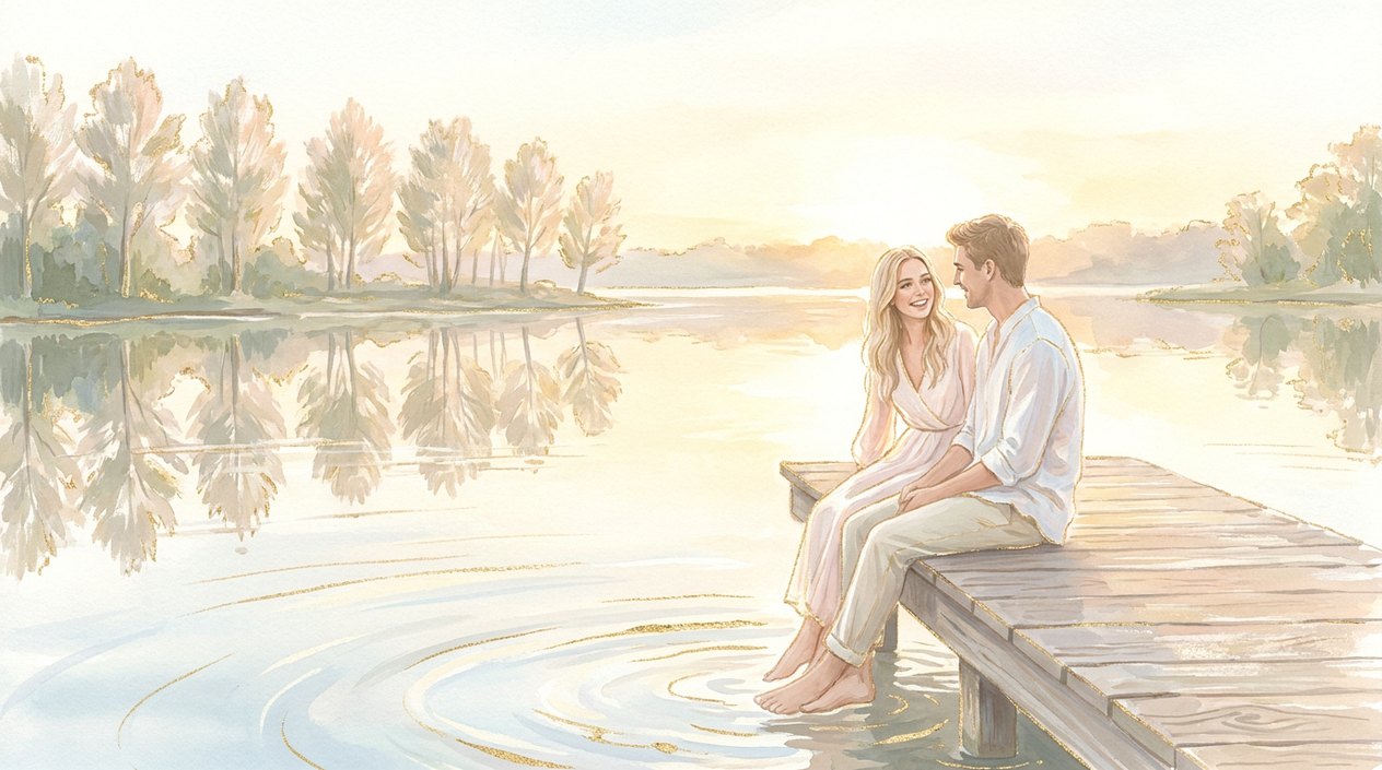 A young couple sitting on a wooden jetty by a calm lake in golden sunset light, the trees on the shore mirrored symmetrically in the water.