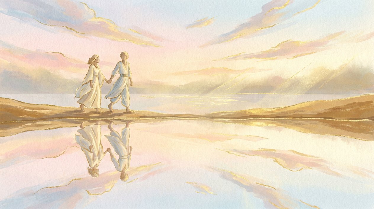 Two people holding hands walk along the shore of a calm lake on a bright morning, their reflections symmetrical in the water.