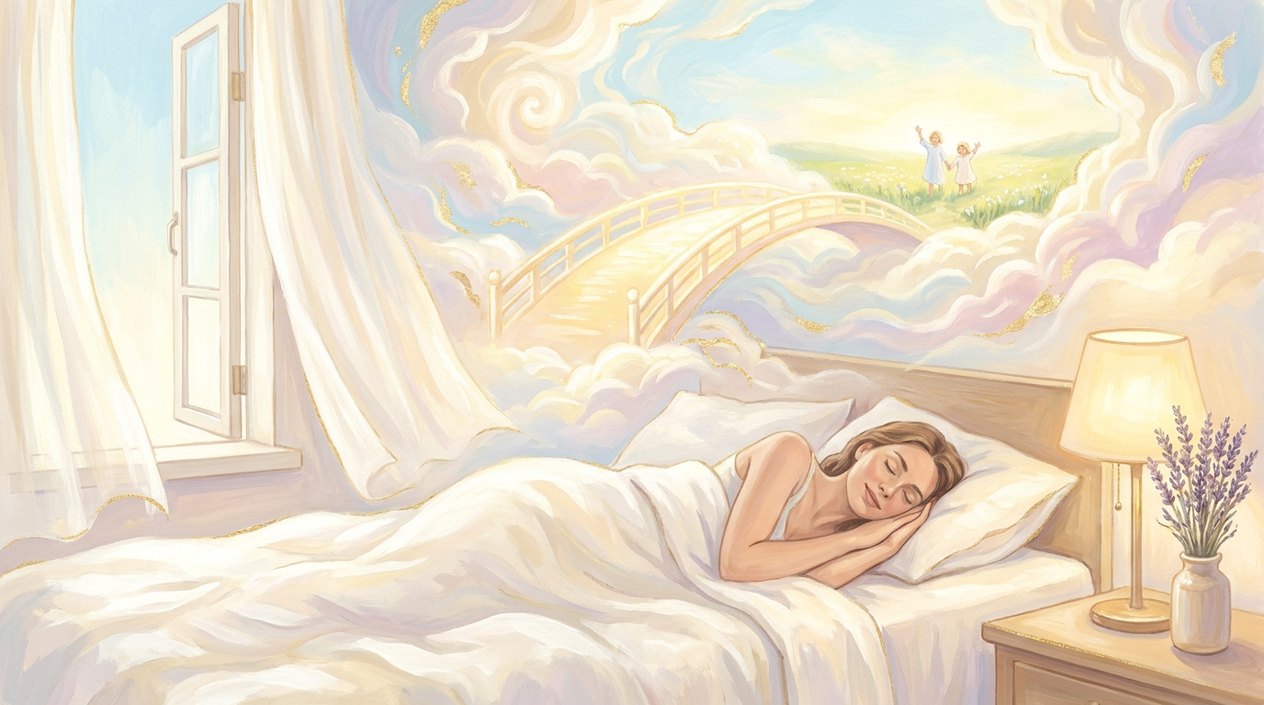 A woman sleeps peacefully in a white bed by an open window, above her a bright dreamscape of clouds and a bridge of golden light leading to a distant meadow.