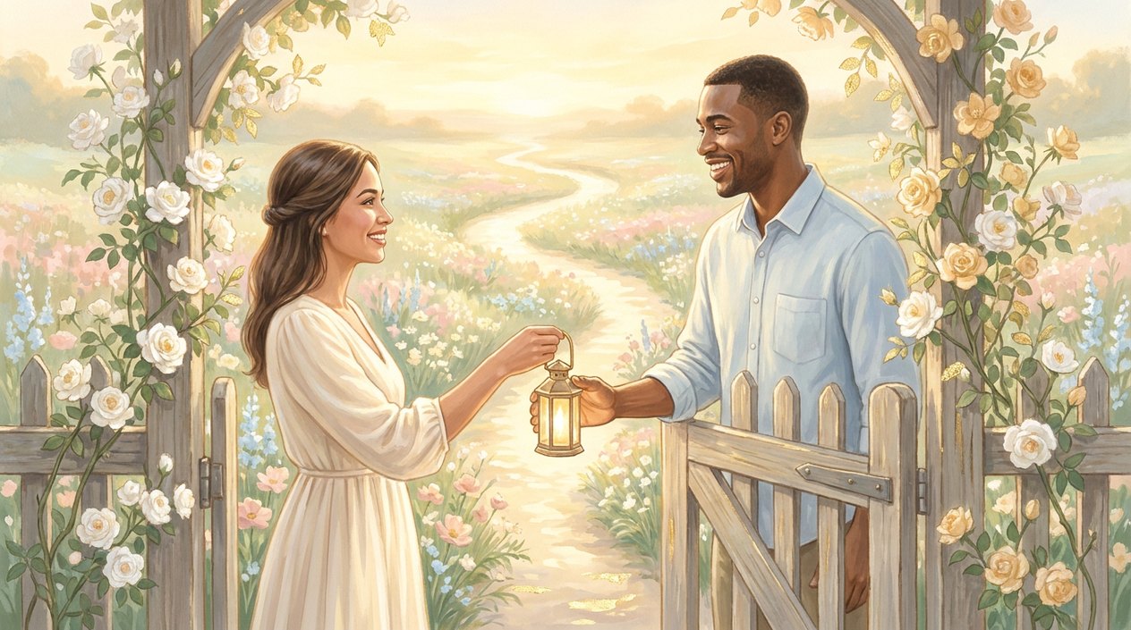 A woman and a man meet at an open garden gate covered in white roses; she hands him a glowing lantern, with a bright path through a pastel meadow behind them.
