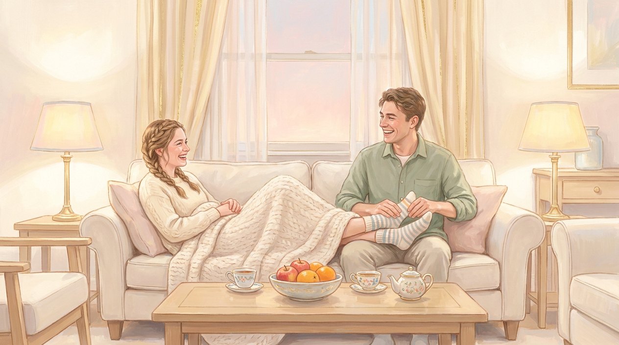 A couple in a bright living room in the evening: the woman lies on the sofa with her feet in the man's lap while he gently holds them, both laughing, two cups of tea and a bowl of fruit on the table.