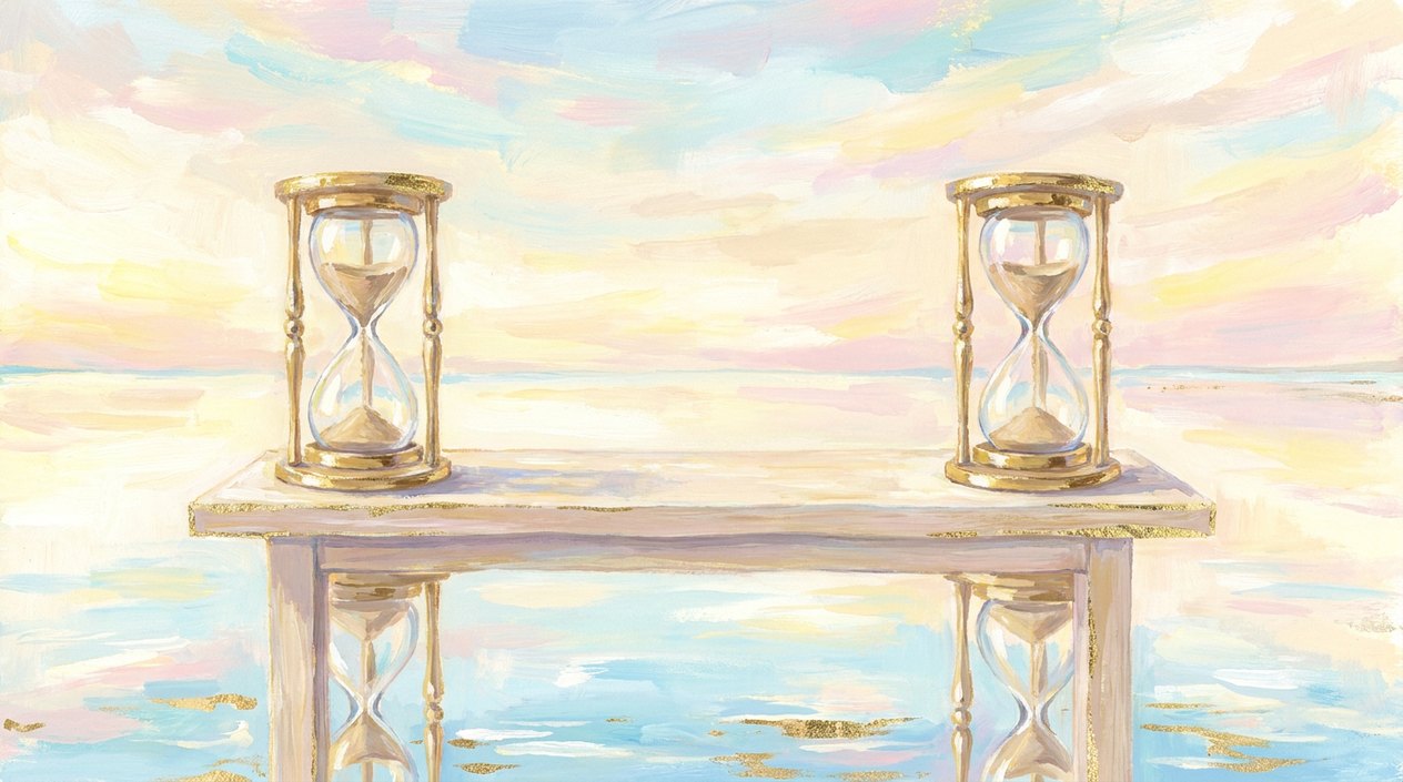 Two identical golden hourglasses on a pale table by a lake, reflected in the calm water.