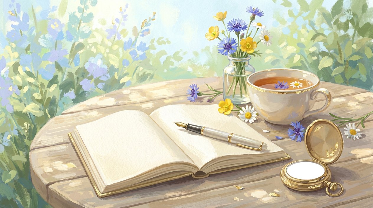 An open notebook with a fountain pen, an open pocket watch, a cup of tea and wildflowers on a sunny garden table.