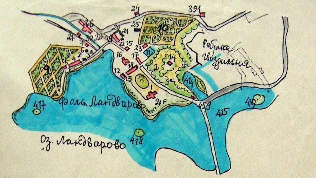 Historic Plan of the Manor Estate and Lake Hand-drawn coloured map showing a manor estate, gardens, buildings and a lake with numbered plots
