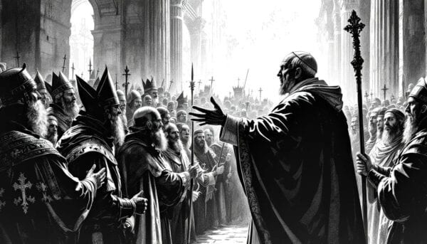 Black-and-white illustration of a robed pope addressing bishops and crowds with crosses inside a cathedral