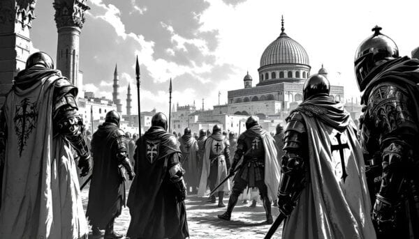 Black-and-white illustration of cross-marked crusader knights gathered before a domed city skyline with minarets
